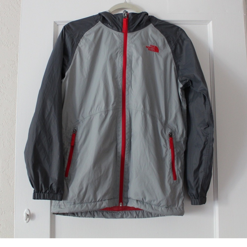 The North Face Boys DryVent Rain Jacket Gray Red Hooded Windbreaker Size L 14/16